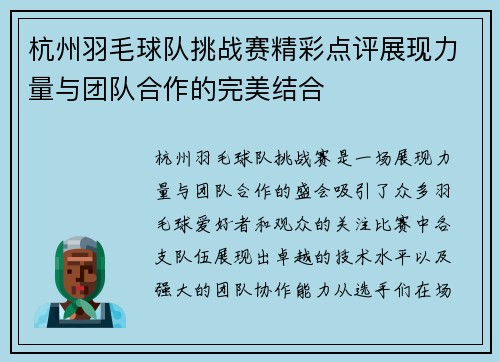 杭州羽毛球队挑战赛精彩点评展现力量与团队合作的完美结合