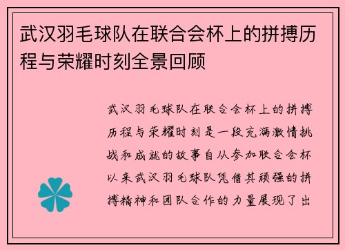 武汉羽毛球队在联合会杯上的拼搏历程与荣耀时刻全景回顾